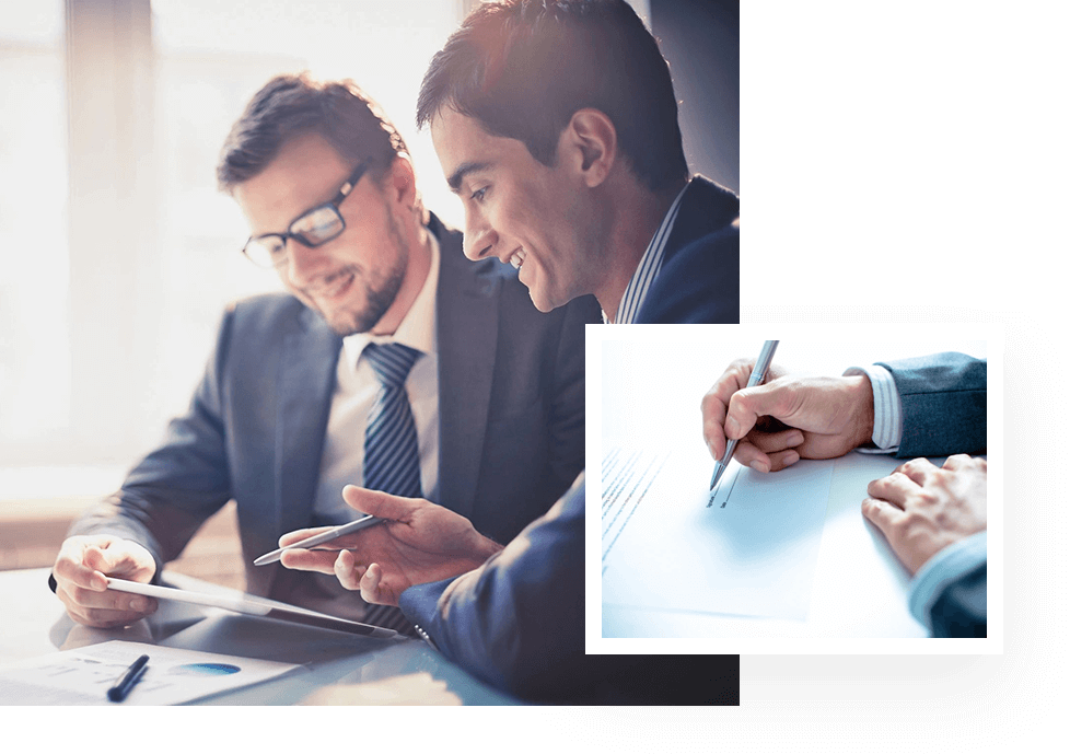 Collage of colleagues at project discussion and Businessman sitting at office desk and signing a contract