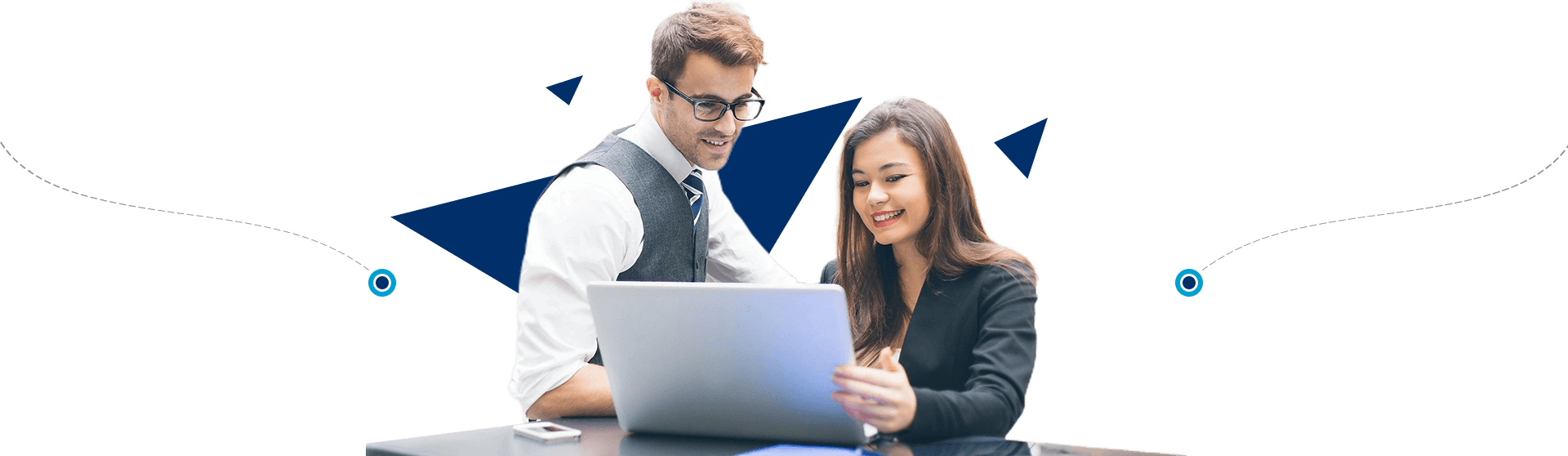 Two happy young diverse colleagues working together on a laptop in an office