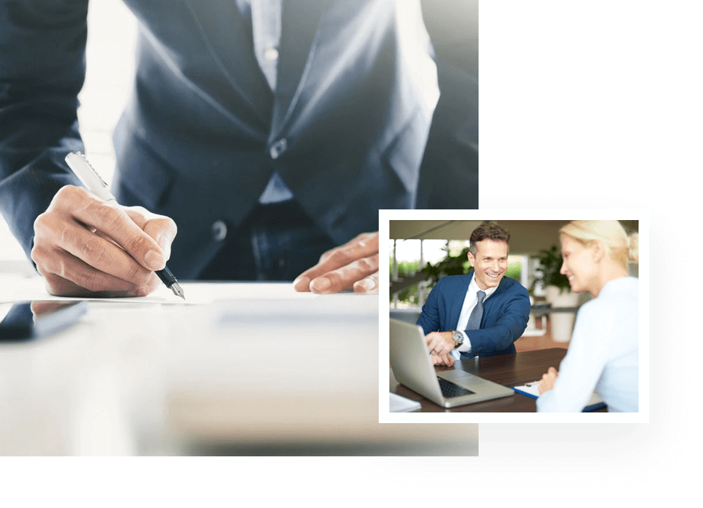 Collage of businessman signing contract making a deal and financial management in the office