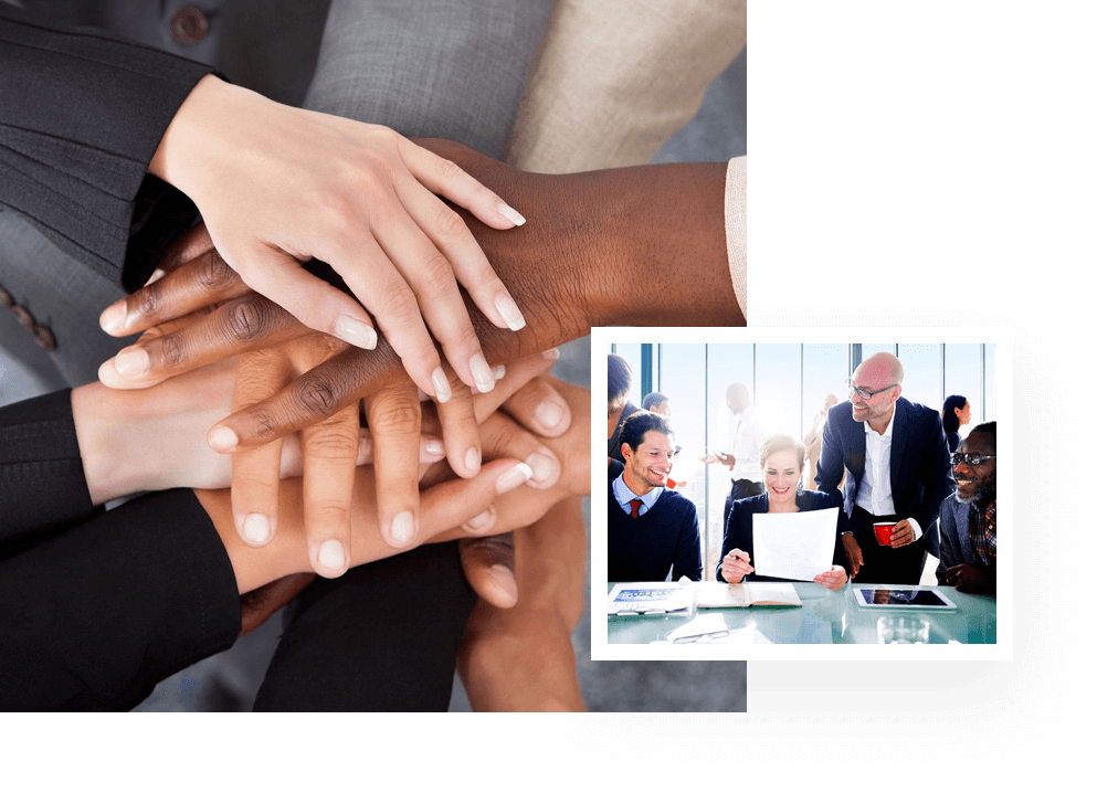 Collage of multiracial businesspeople stacking hands and group of business people in a conference room with smiling face